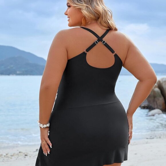 Women Plus Size Black Swim Dress with Ruched Detail and Built-In Skirt, X-Large - Picture 2 of 8